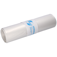 Eine Rolle EMIL DEISS KG (GmbH + Co.) DEISS 19005 transparente Müllsäcke (700x1100x0,07 mm, 25 Stück) mit weißem und blauem Etikett, abgebildet auf einem einfarbig weißen Hintergrund.