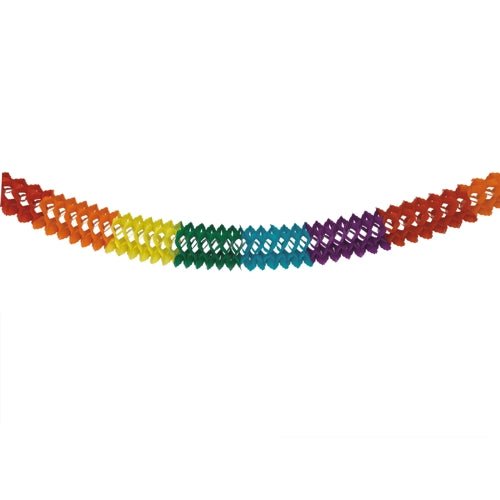 Η PAPSTAR γιρλάντα "Rainbow" (χαρτί, Ø 16 cm, 6 m μήκος) της PAPSTAR GmbH παρουσιάζει ένα ζωηρό μοτίβο ρόμβων σε χρώματα του ουράνιου τόξου - ιδανική ως εντυπωσιακή διακόσμηση μπροστά από ένα απλό λευκό φόντο.