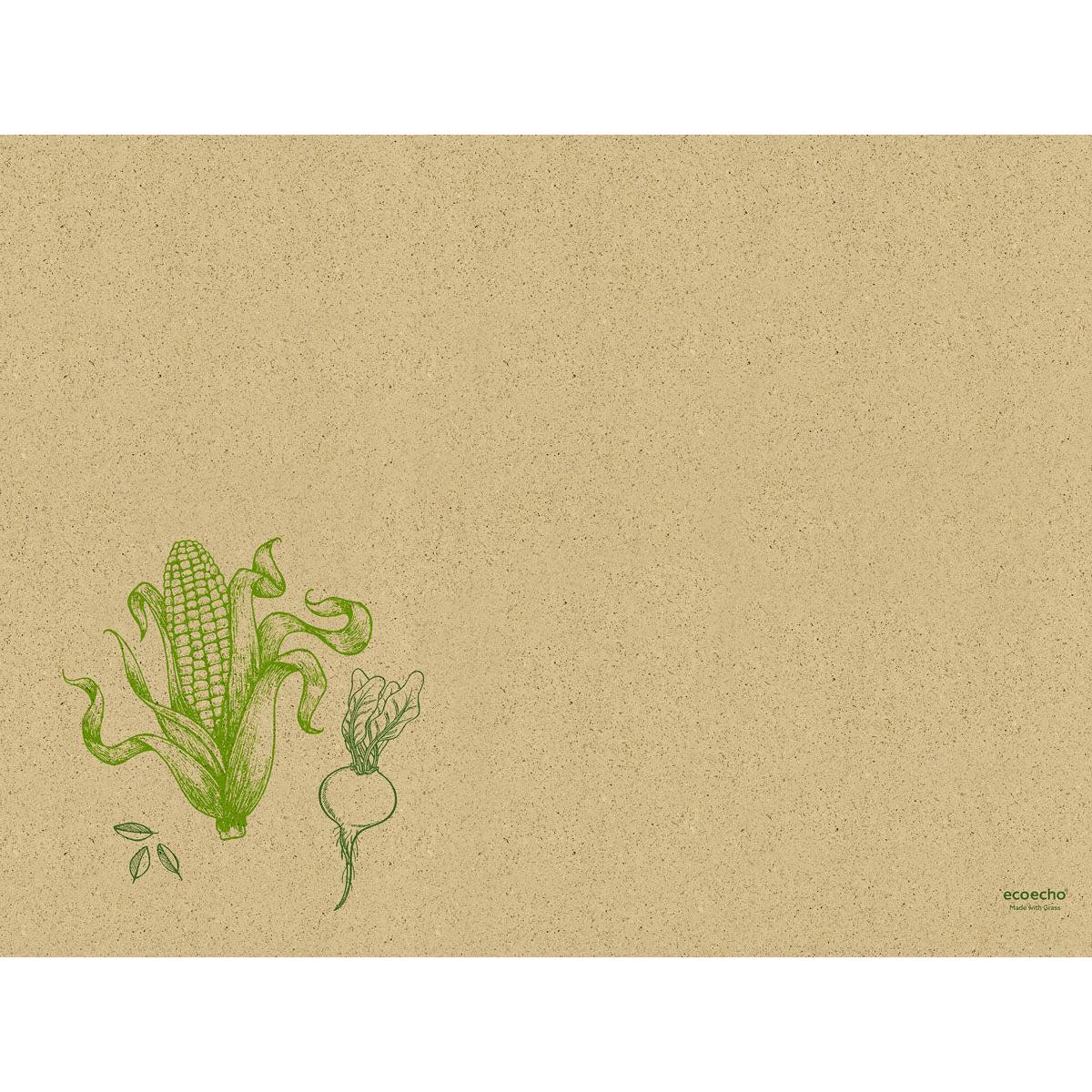 Ένα δομημένο καφέ χάρτινο σουπλά 30 x 40 εκ. Veggies από την Duni GmbH εμφανίζει πράσινα σκίτσα λαχανικών και μικρές επιγραφές "Ecoecho" και "sustainable", που τονίζουν αυτά τα φιλικά προς το περιβάλλον σουπλά. Η συσκευασία περιέχει 250 κομμάτια.