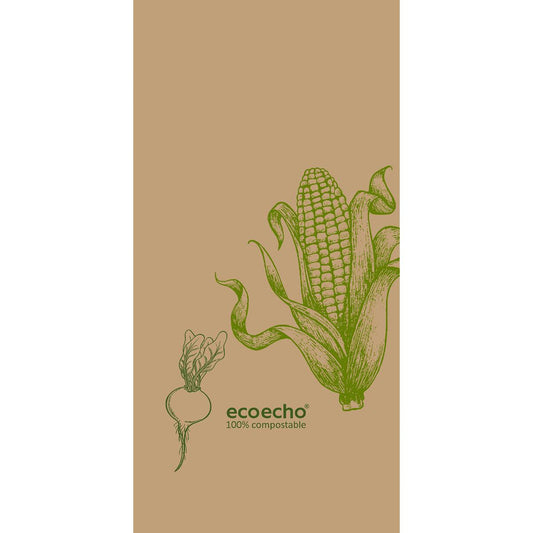 Eine Abbildung von Mais und einem Wurzelgemüse auf hellbraunem Grund mit "ecoecho 100% kompostierbar" darunter hebt die Duni GmbH Zelltuchservietten 40 x 40 cm, 2-lagig, 1/8 Buchfalz Veggies, Packung (300 Stück) hervor.
