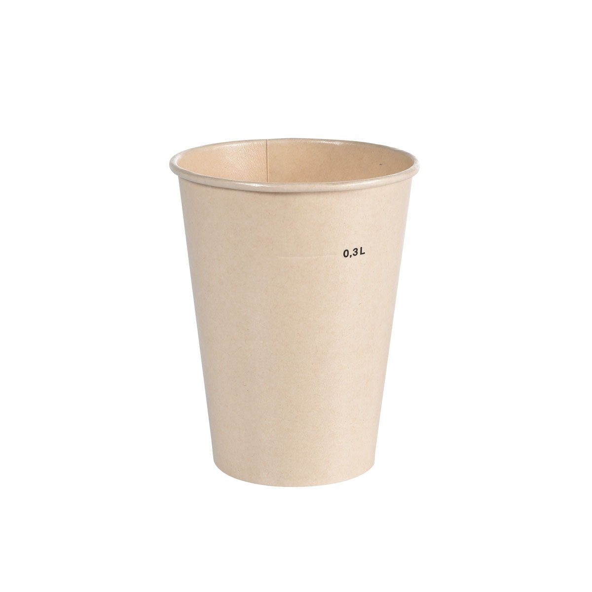 Ausschakbecher Breeze Cup Bagasse von Duni GmbH: Ένα απλό, ανοιχτό καφέ κύπελλο με την ένδειξη "0.3L", που στέκεται μπροστά από λευκό φόντο - το φιλικό προς το περιβάλλον κύπελλο μιας χρήσης για βιώσιμη απόλαυση.