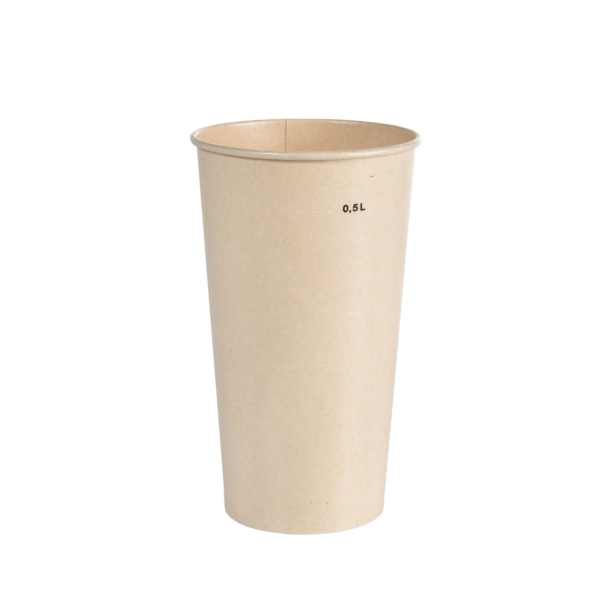 Ausschakbecher Breeze Cup Bagasse von Duni GmbH, ένα ψηλό, ανοιχτό καφέ κύπελλο 0,5L από χαρτόνι σε λευκό φόντο-βιοδιασπώμενο και ιδανικό για περιβαλλοντικά συνειδητή χρήση.