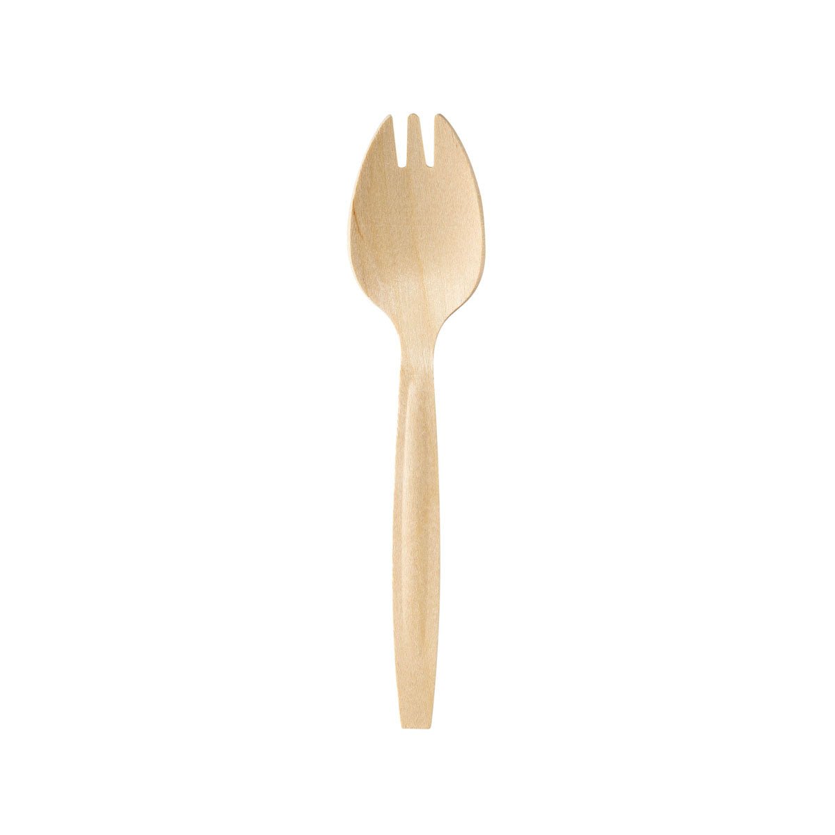 Ένα Duni GmbH Göffel / Spork 147 mm, ξύλο κερωμένο, με λεία επιφάνεια είναι κεντραρισμένο σε λευκό φόντο. Αυτό το φιλικό προς το περιβάλλον εργαλείο συνδυάζει τις λειτουργίες κουταλιού και πιρουνιού και διαθέτει τρία κοντά δόντια στο πάνω άκρο. Συσκευασία: 100 τεμάχια.
