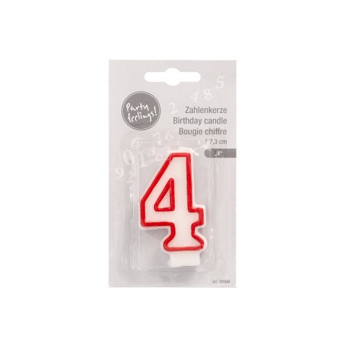 Το κερί αριθμών 7,3 cm της PAPSTAR GmbH σε λευκό με κόκκινο περίγραμμα, σε μορφή του αριθμού 4, έρχεται με "αίσθηση πάρτι!" και πολυγλωσσικό κείμενο (γερμανικά, αγγλικά, γαλλικά) συσκευασμένο - ιδανικό για γενέθλια και επετείους.