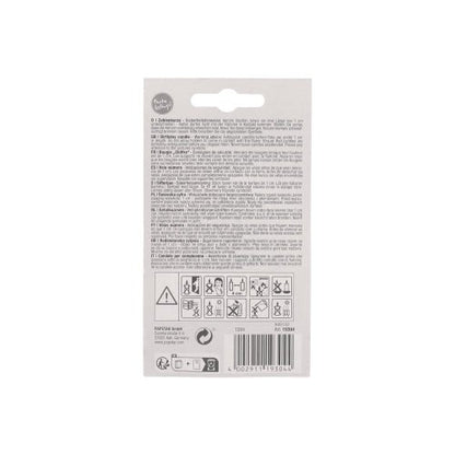 Πίσω πλευρά του PAPSTAR GmbH κεριού αριθμών 7,3 cm σε λευκό με κόκκινο περίγραμμα. Συσκευασία με πολυγλωσσικές προειδοποιήσεις ασφαλείας, σύμβολα προειδοποίησης, γραμμωτό κώδικα και θηλιά ανάρτησης - ιδανικό για επετείους ή γενέθλια. Μαύρο κείμενο σε λευκό.