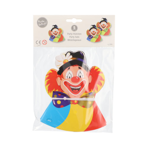 Das 5er-Hütchen-Paket der PAPSTAR GmbH enthält bunte Partyhüte mit einem Cartoon-Clowngesicht – rote Nase, orangefarbenes Haar, blauer Hut und leuchtende Abschnitte – in Plastik eingeschweißt und mit bunten Designs und Produktdetails versehen.