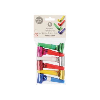 Μια διαφανής πλαστική συσκευασία περιέχει έξι σφυρίχτρες πάρτι της PAPSTAR GmbH σε διάφορα χρώματα με μεταλλικές επιφάνειες. Η άνω ετικέτα δείχνει τη μάρκα και υποδεικνύει ότι δεν είναι κατάλληλες για παιδιά κάτω των τριών ετών.