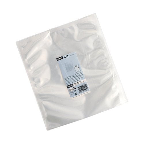 Ένα πακέτο με 100 διαφανείς σακούλες Starpak (40 x 30 cm, PA/PE) παρέχεται σε μια συσκευασία με μια λευκό-μπλε ετικέτα που περιέχει πληροφορίες προϊόντος, έναν γραμμωτό κώδικα και την απεικόνιση μιας σακούλας κενού τροφίμων.