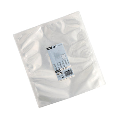 Ένα πακέτο με 100 διαφανείς σακούλες Starpak (40 x 30 cm, PA/PE) παρέχεται σε μια συσκευασία με μια λευκό-μπλε ετικέτα που περιέχει πληροφορίες προϊόντος, έναν γραμμωτό κώδικα και την απεικόνιση μιας σακούλας κενού τροφίμων.