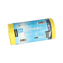 Eine Rolle Starpak 25 Müllsäcke, HDPE 120 l (110 cm x 70 cm), besteht aus einem gelben Sack, einem blauen Etikett mit „25 Müllsäcke“, Produktdetails und einem kleinen Mülltonnenbild.