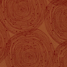 Ein Muster aus sich überschneidenden, dünnen roten konzentrischen Kreisen und verstreuten roten Punkten auf braunem Grund ist auf Duni GmbH Zelltuchservietten 33 x 33 cm, 3-lagig, 1/4 Falz Erdig | Packung (50 Stück) gedruckt.