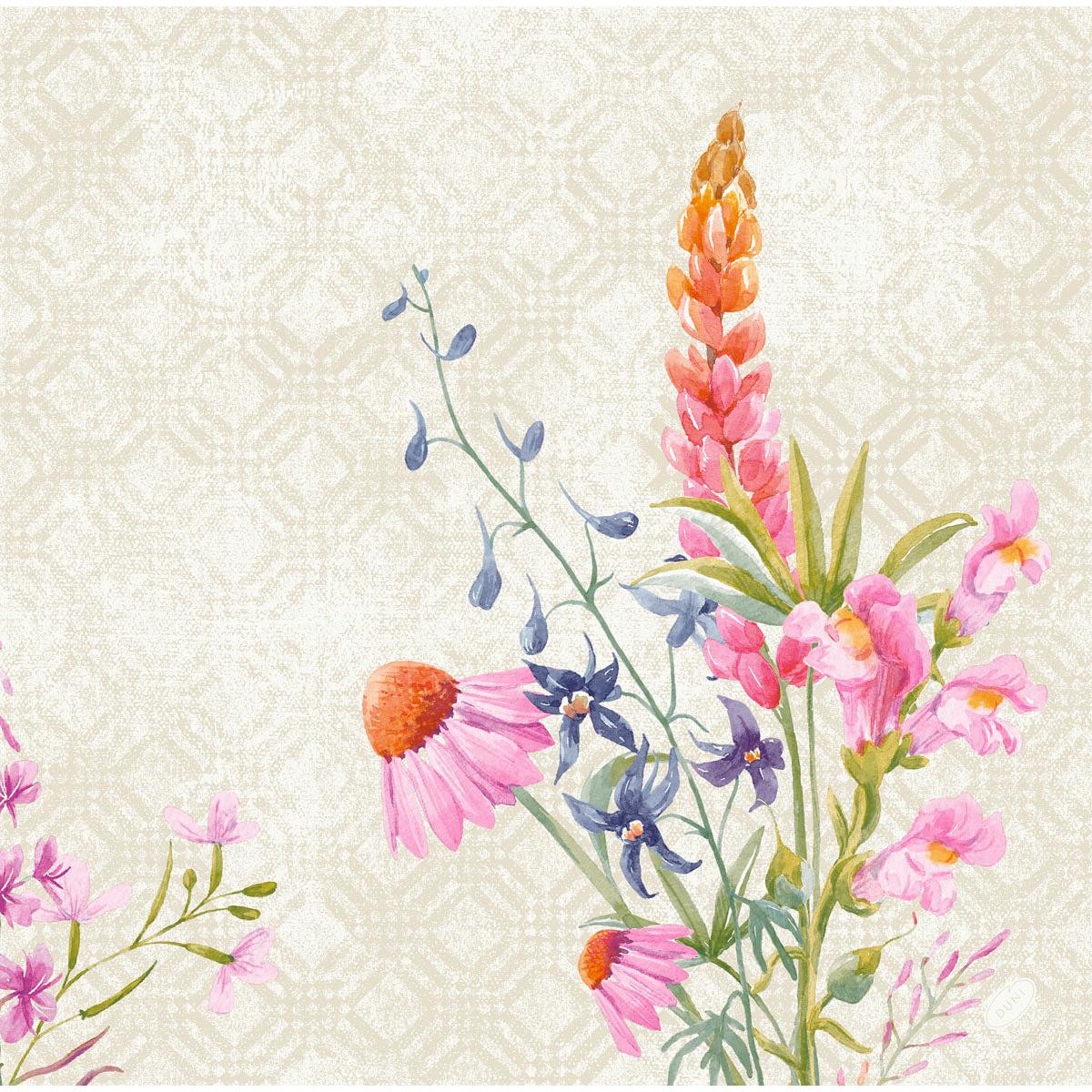 Μια εικονογράφηση ακουαρέλας με ροζ εχινάκειες, μπλε άνθη και ψηλές ροζ λουπίνες κοσμεί ένα μπεζ φόντο με σχέδια - ιδανικό για τις χαρτοπετσέτες Dunisoft-Serv. 40x40cm της Duni GmbH.