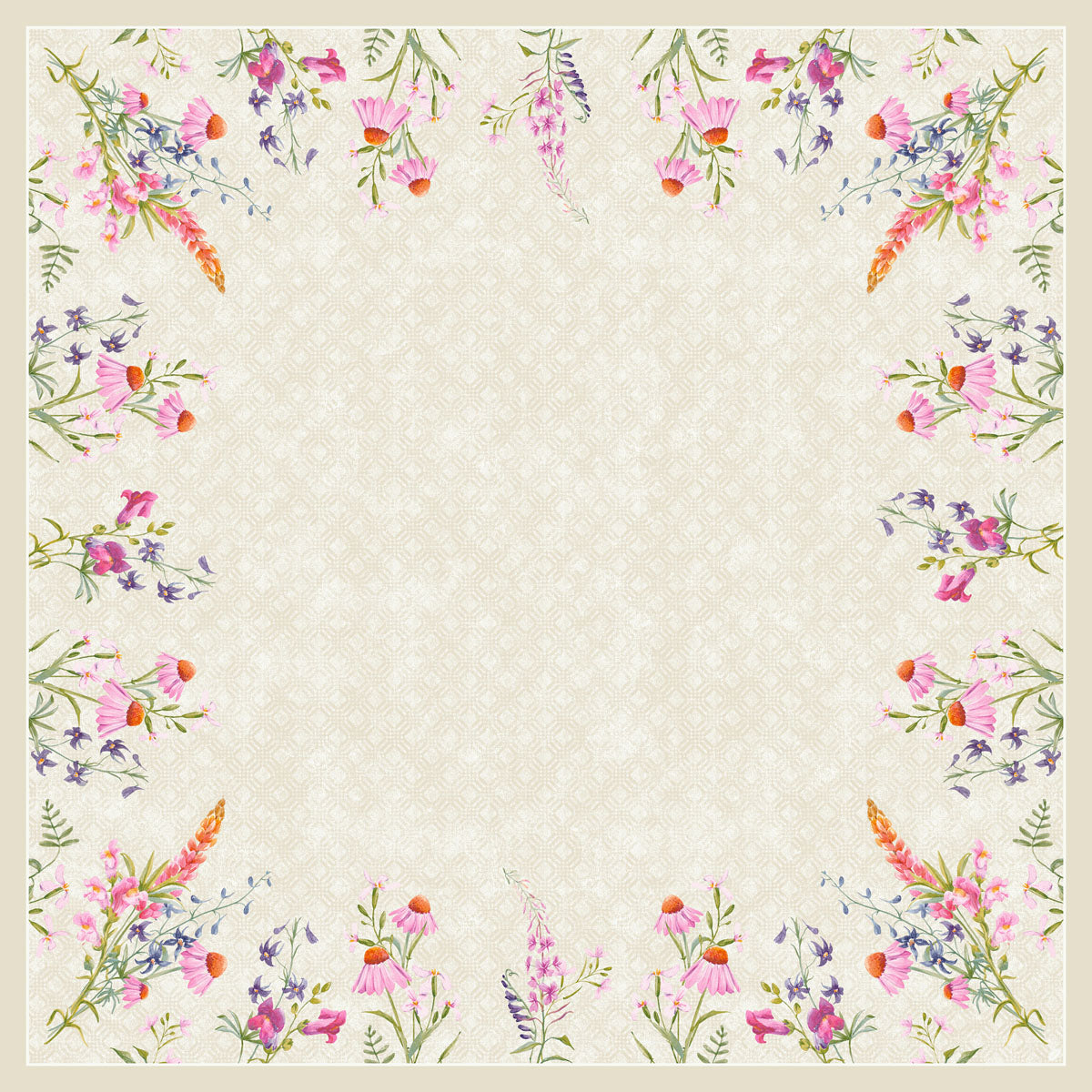 Quadratischer beiger Hintergrund, umrandet von aquarellierten Wildblumen in Rosa, Lila, Orange und Grün. Ideal zum Ausstellen der Dunisilk MD Floret Tischdecke 84x84 cm von Duni GmbH - hochwertiger Stoff, Packung mit 20 Stück.