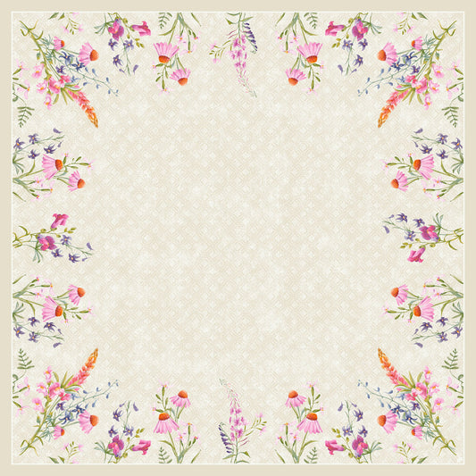 Die Dunicel-Mitteld. 84x84cm Floret von Duni GmbH ist ein quadratischer beiger Tischbelag mit dezentem Blümchenmuster und aquarellartigen Wildblumenbordüren in Rosa, Lila, Orange und Grün; die Mitte ist frei für Text oder Bilder.