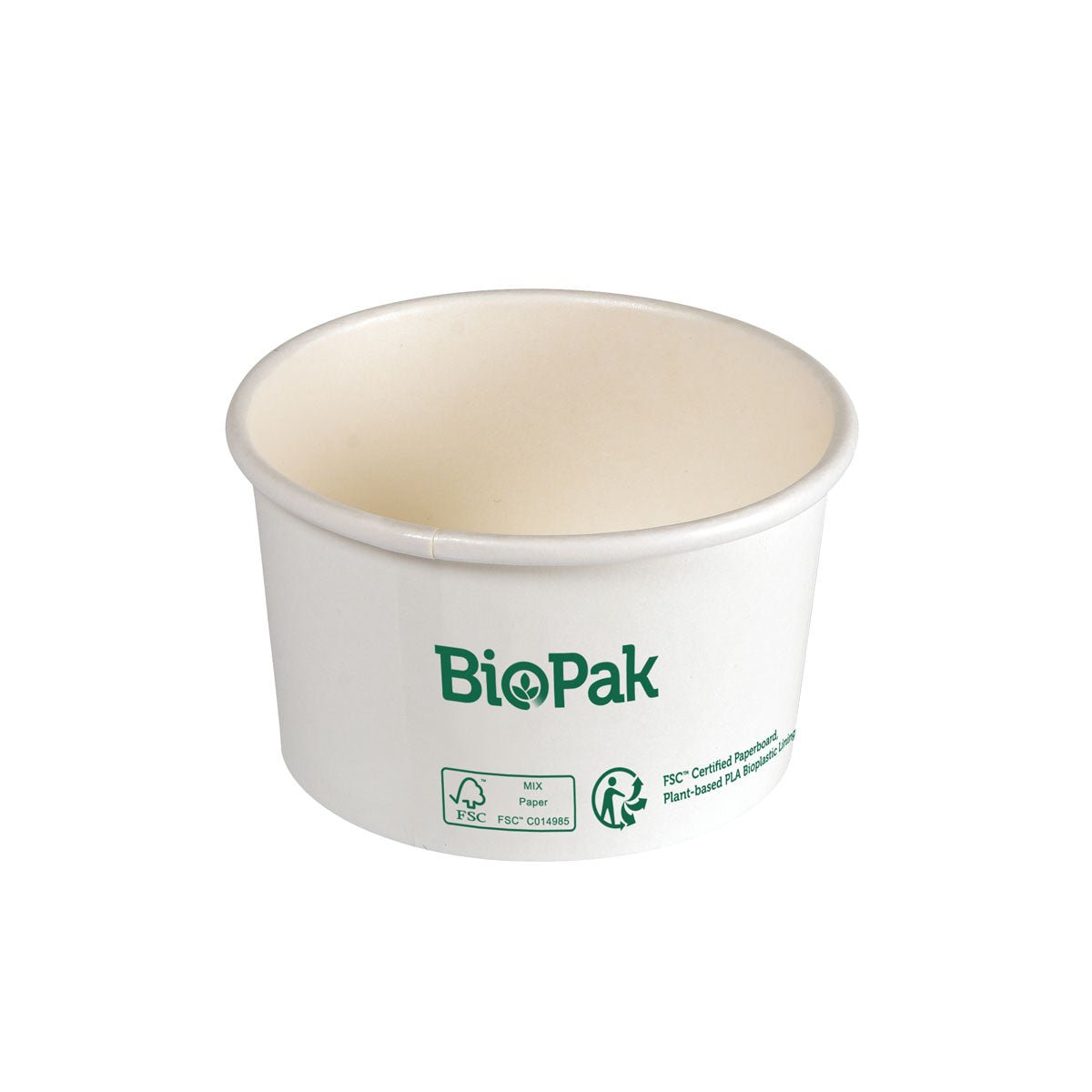 Το Bowl Ronda SHORT από χαρτόνι/PLA της Duni GmbH – ένα στρογγυλό, λευκό πιάτο μίας χρήσης με πράσινη επιγραφή της μάρκας και πιστοποίηση βιοαποικοδομησιμότητας, η βιώσιμη επιλογή για φιλικό προς το περιβάλλον σερβίρισμα.