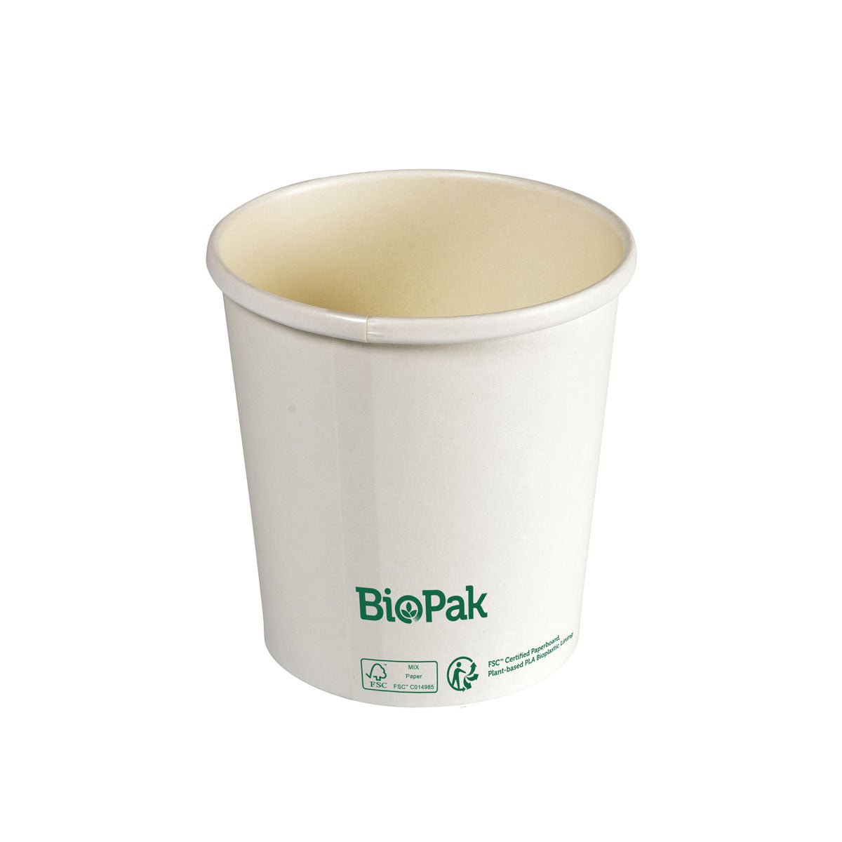 A Bowl Ronda SHORT από χαρτόνι/PLA της Duni GmbH – μια βιώσιμη εναλλακτική λύση χάρη στο βιοδιασπώμενο υλικό, με το λογότυπο της μάρκας και τα σύμβολα πιστοποίησης σε λευκό φόντο.