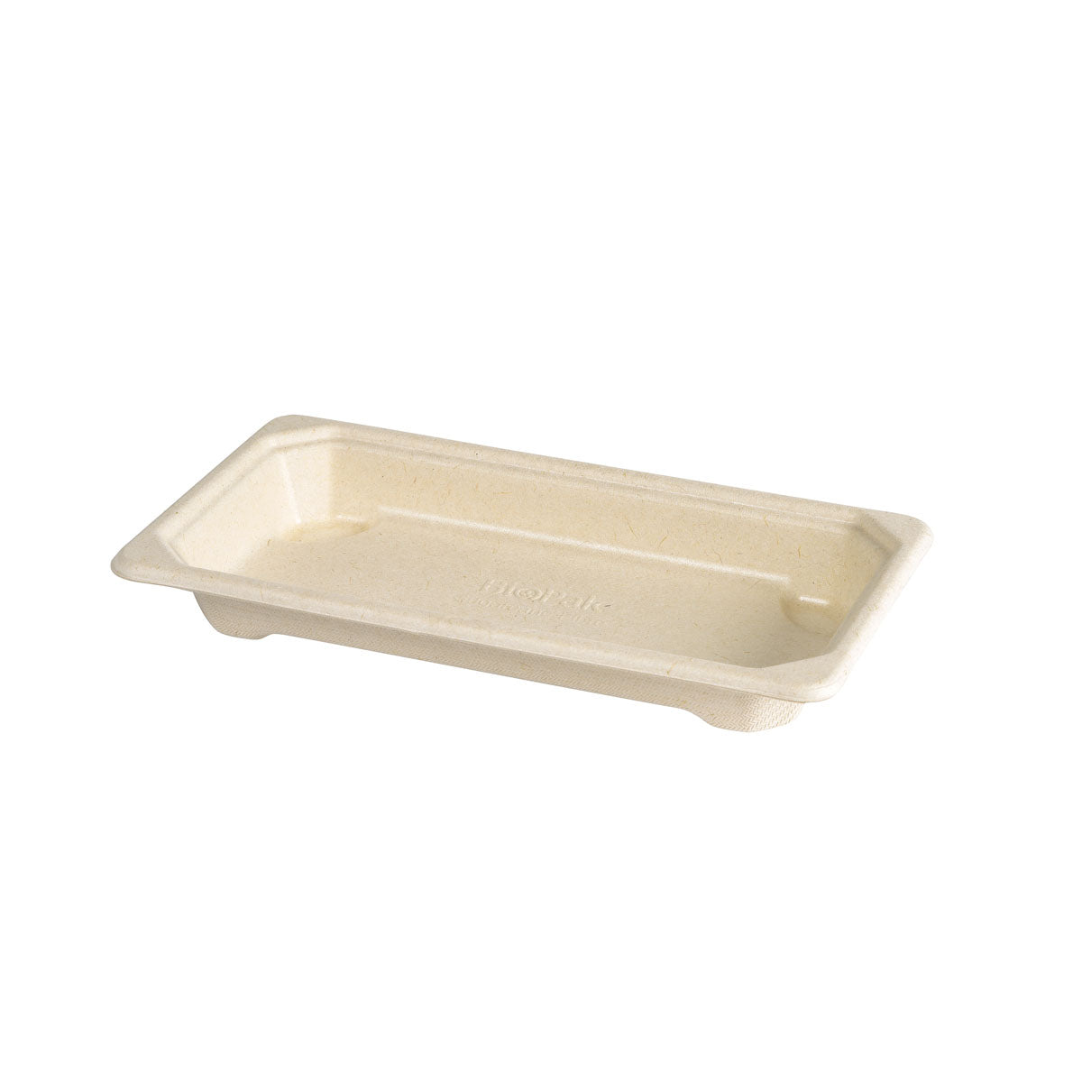 Das Duni GmbH Bagasse Sushi Tablett braun, schlank kurz (175 ml, 165x92x22 mm) ist aus umweltfreundlichem Braun-Bagasse-Faserstoff hergestellt. Perfekt für nachhaltige Gastronomie, geliefert im 100er Pack auf weißem Hintergrund.
