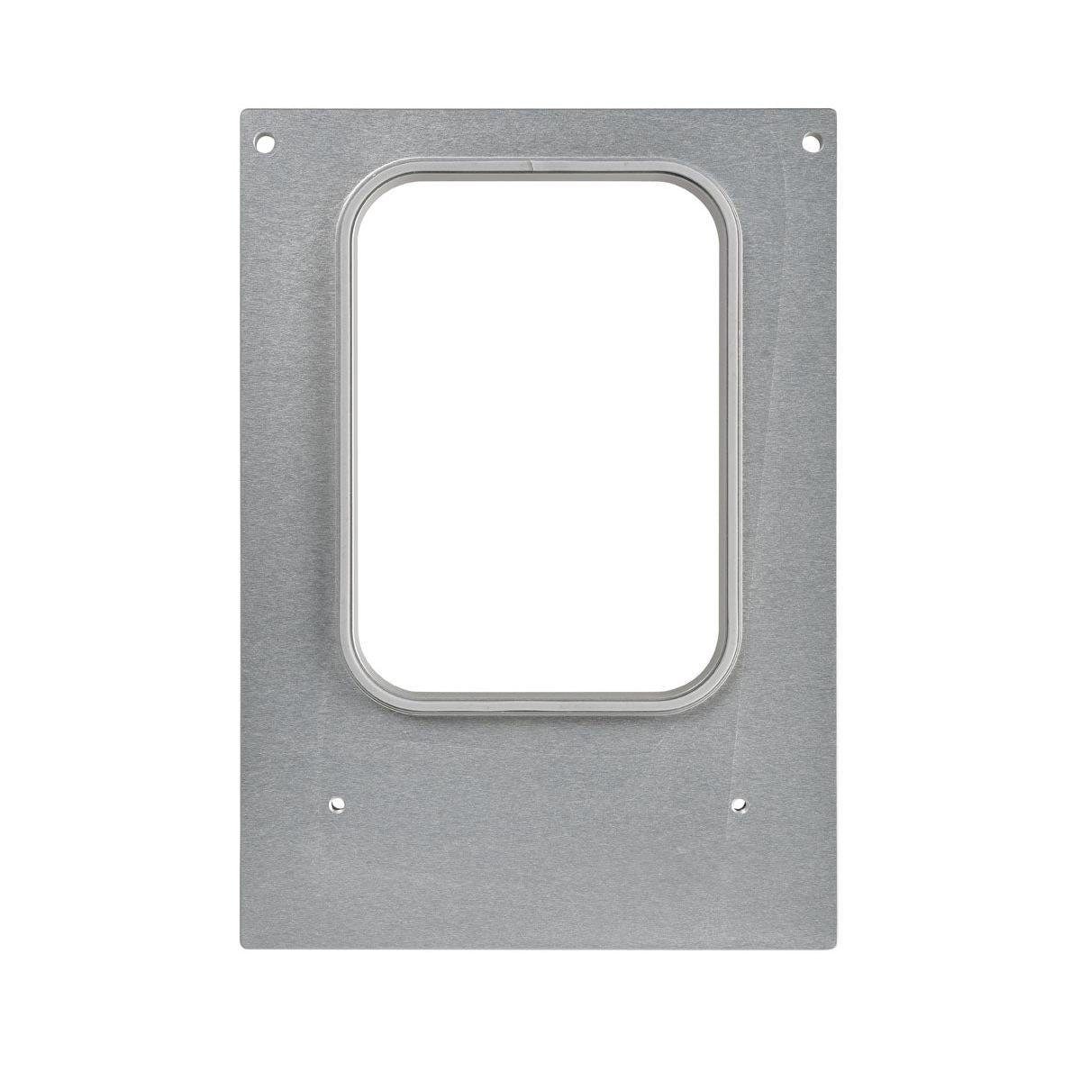 Μια ορθογώνια μεταλλική πλάκα με ένα κεντρικό, στρογγυλεμένο ορθογώνιο άνοιγμα και τέσσερις γωνιακές οπές για βίδες, που μοιάζει με τμήματα της κασέτας Duni GmbH DF10/20 για το μπολ Forum 785 ml (συσκευασία, 1 τεμάχιο), φωτογραφημένη σε λευκό φόντο.