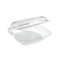 Ένα Duni GmbH rPET Octaview® M Διαφανές rPET 185x185x70 δοχείο τροφίμων με ανοιχτό καπάκι, συσκευασία (255 τεμάχια), απεικονίζεται σε απλό λευκό φόντο.