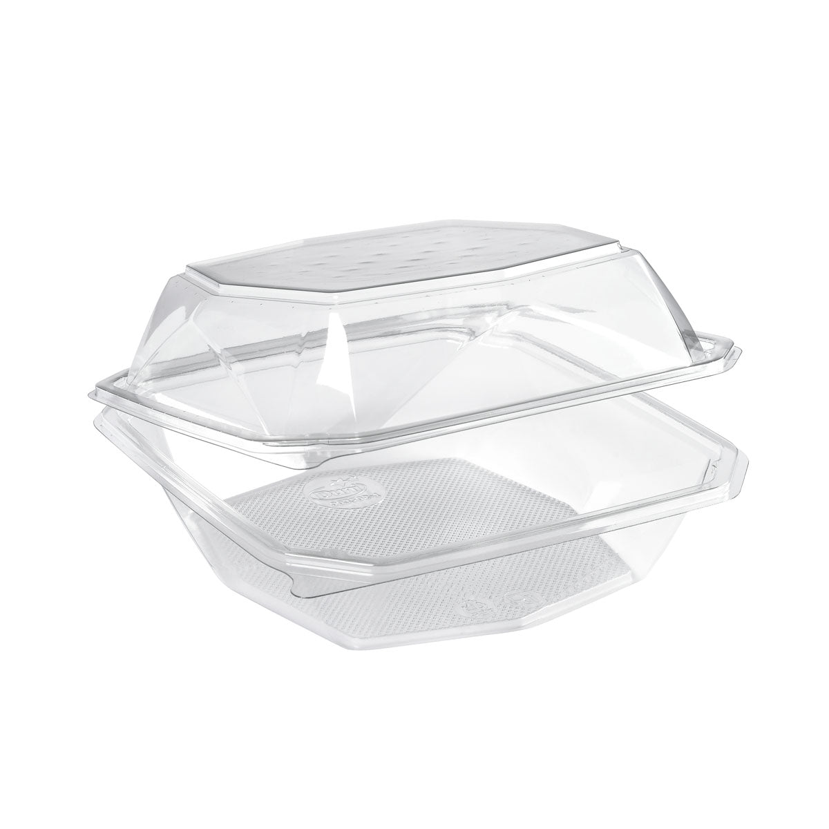 Ένα ανοιχτό rPET Octaview® M+ Διαφανές rPET 185x185x90 Clamshell Container από την Duni GmbH, που δείχνει τόσο το καπάκι όσο και το κάτω μέρος. μια καθαρή, διαυγής συσκευασία, ιδανική για τρόφιμα. Συσκευασία (255 τεμάχια).