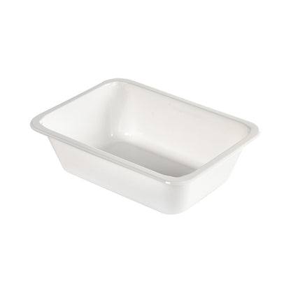 Το CPET Take-Away klein Weiß CPET της Duni GmbH είναι ένα λευκό, ορθογώνιο εμαγιέ πιάτο με στρογγυλεμένες γωνίες και λοξές πλευρές, που είναι ιδανικό ως κατάλληλο για φούρνο μικροκυμάτων ή ανθεκτικό στη θερμότητα δοχείο Take-Away, απεικονισμένο σε λευκό φόντο.