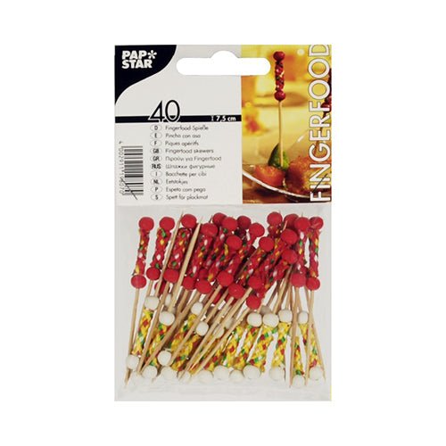 Ένα πακέτο με 40 PAPSTAR Fingerfood Pickers "Mexico", καθένα 7,5 cm με κόκκινες και λευκές χάντρες, ιδανικό για πάρτι. Παρουσιάζεται από την PAPSTAR GmbH σε μια σακούλα με διαφανές παράθυρο για ελκυστική παρουσίαση.