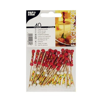 Ένα πακέτο με 40 PAPSTAR Fingerfood Pickers "Mexico", καθένα 7,5 cm με κόκκινες και λευκές χάντρες, ιδανικό για πάρτι. Παρουσιάζεται από την PAPSTAR GmbH σε μια σακούλα με διαφανές παράθυρο για ελκυστική παρουσίαση.