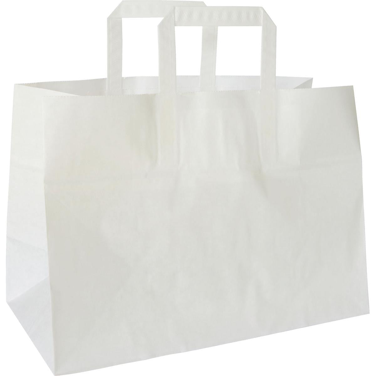 Eine schlichte weiße Take-Away Tasche (Alternativartikel 194085) aus FSC-zertifiziertem Papier von Duni GmbH, 350x170x270 mm mit zwei rechteckigen Henkeln, steht aufrecht auf weißem Hintergrund. Die Packung enthält 200 Stück.