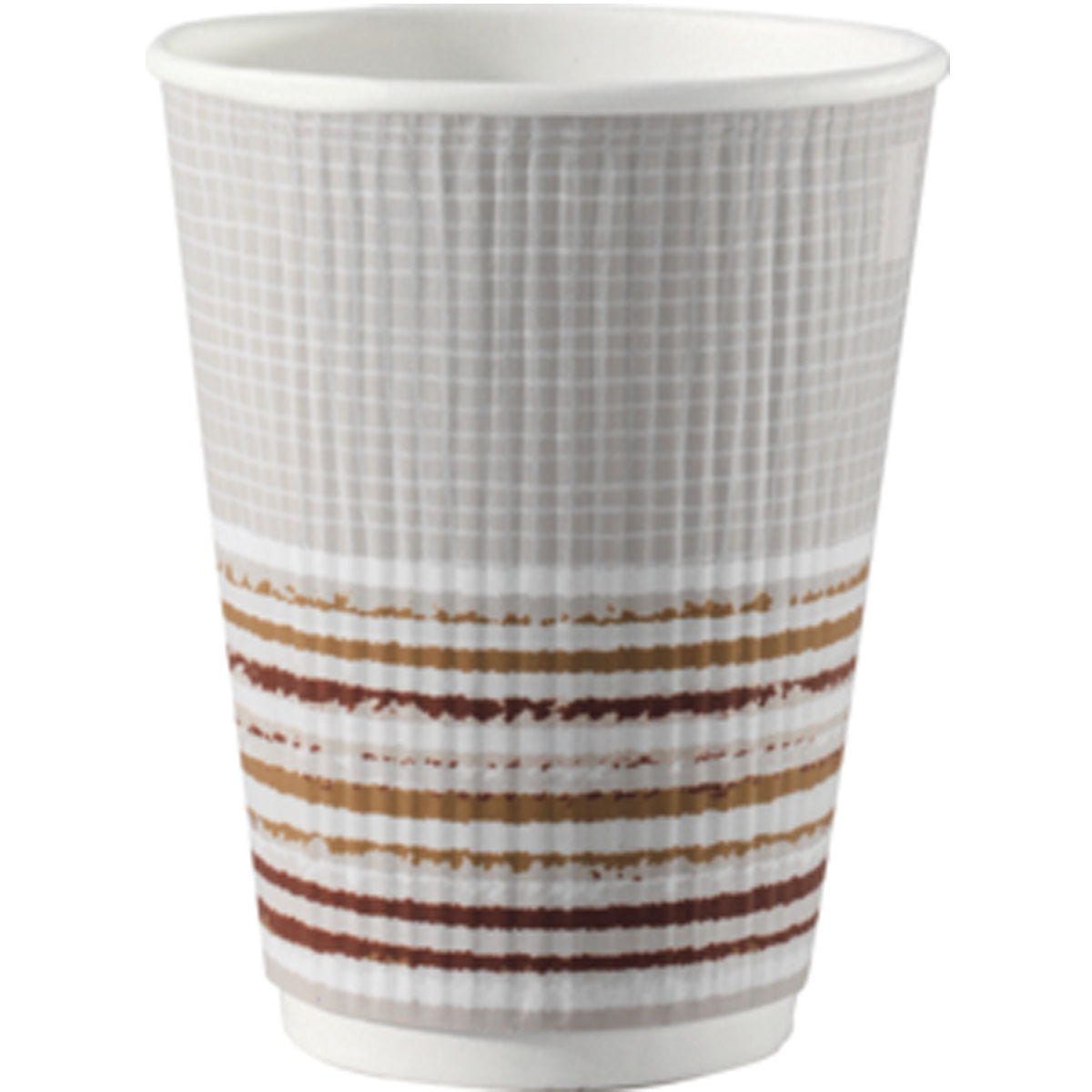 Το θερμικό κύπελλο Triple Wall Stripe 350 ml από την Duni GmbH από PAP/PLA είναι λευκό με δομημένη επιφάνεια και καφέ-μπεζ-κόκκινες λωρίδες στη βάση. Η φιλική προς το περιβάλλον συσκευασία των 30 τεμαχίων φωτογραφήθηκε μπροστά από ένα απλό λευκό φόντο.