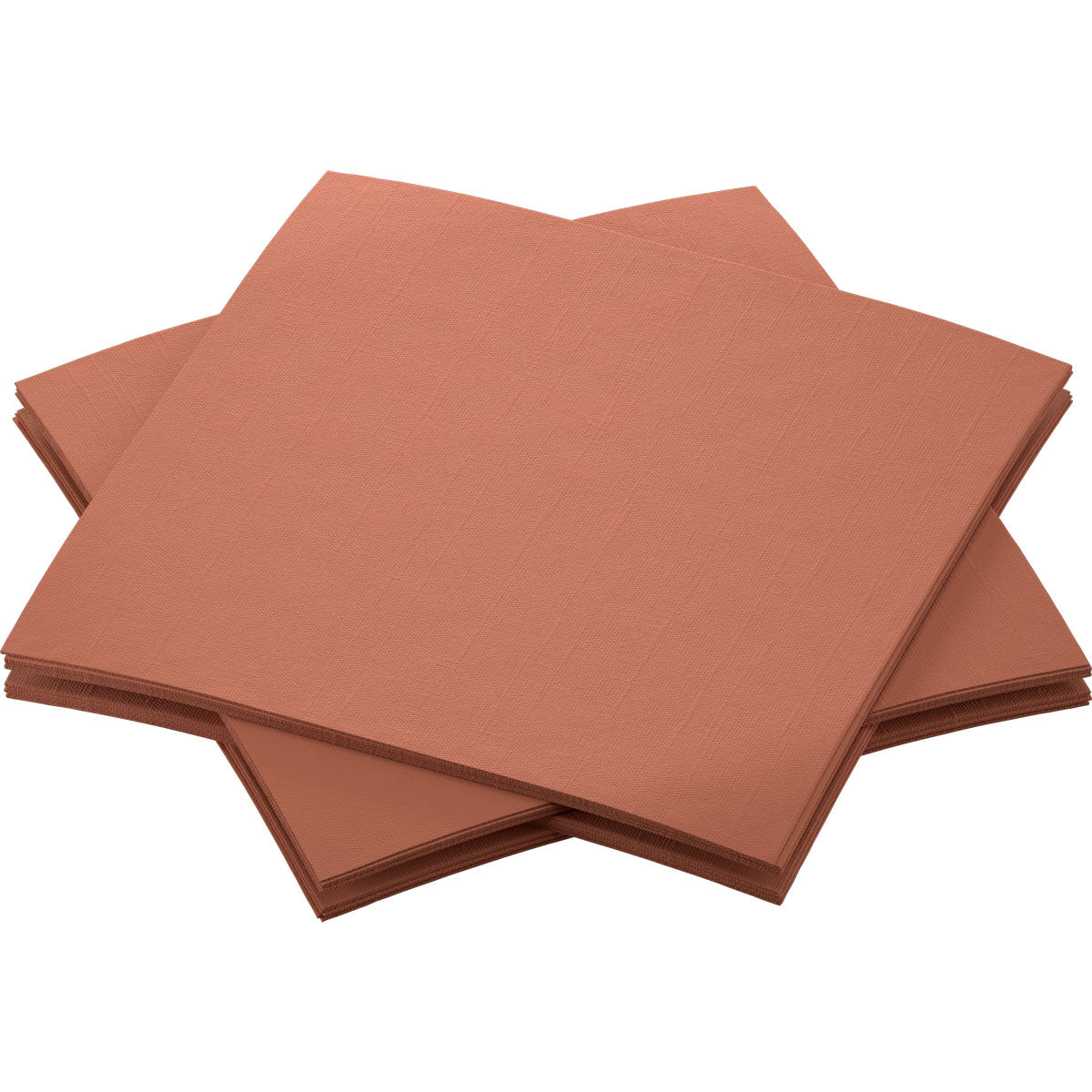 Τέσσερις στοίβες χαρτοπετσετών Dunisoft 20 x 20 cm της Duni GmbH σε καφέ είναι τοποθετημένες επικαλυπτόμενες και τακτοποιημένα σε λευκό φόντο. Οι αχρησιμοποίητες χαρτοπετσέτες δείχνουν ένα διακριτικό μοτίβο υφής.