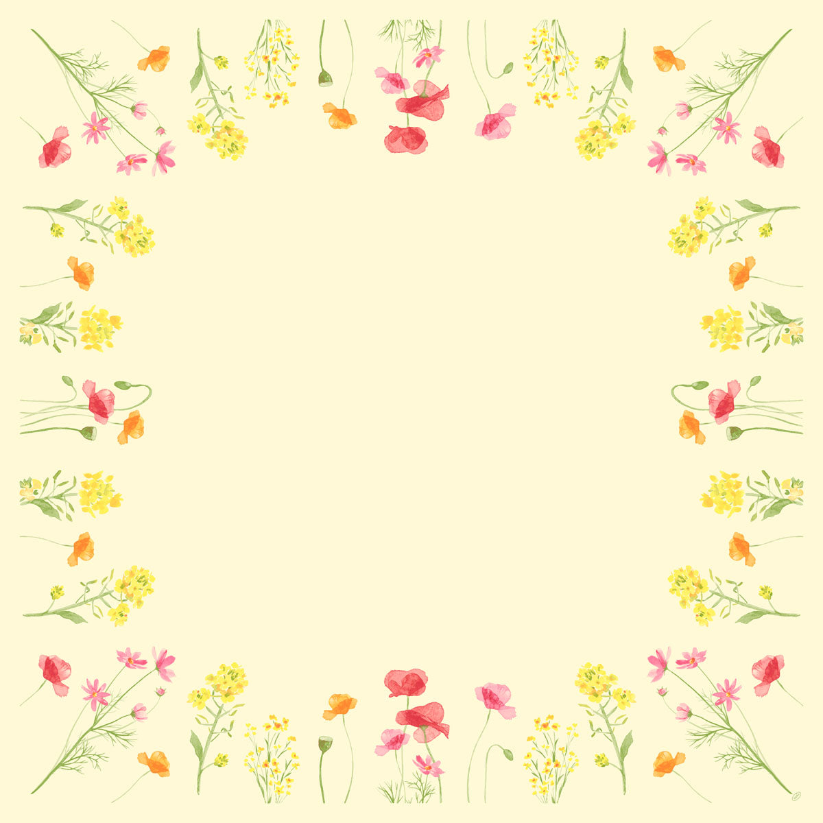 Die Dunicel Mitteldecke 84x84 cm Poppy Field von Duni GmbH zeigt eine quadratische Blumenbordüre im Aquarellstil mit gelben, rosa und orangefarbenen Blüten auf hellgelbem Hintergrund - ideal für eine elegante Tischdekoration. Packung: 20 Stück.