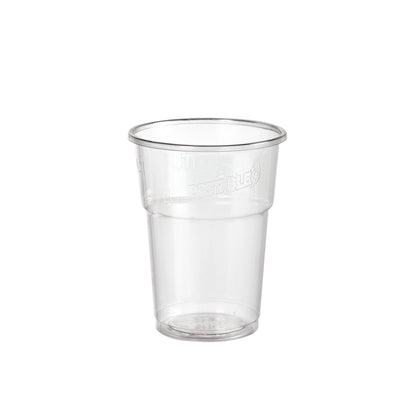 Το γυαλί, PLA, Γραμμή πλήρωσης Διαφανές PLA κύπελλο της Duni GmbH είναι ένα διαφανές πλαστικό κύπελλο με λεία, γυαλιστερή επιφάνεια και ελαφρώς εκτεταμένο χείλος, που απεικονίζεται άδειο σε λευκό φόντο.