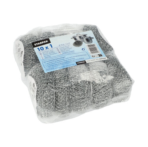 Ένας καθαριστής Starpak, συσκευασμένος σε πλαστικό (σύρμα στρογγυλό Ø 10 cm, 3 cm, γρατσουνιστικό | δίχτυ, 1 τεμάχιο) με μπλε κείμενο και εικόνες τρίφτη, ιδανικό για τον σχολαστικό καθαρισμό σκευών μαγειρικής με λεπτομέρειες προϊόντος στο μπροστινό μέρος.