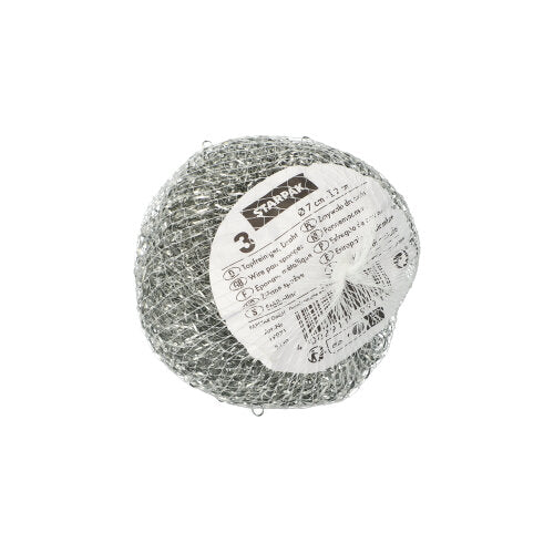 Οι Starpak 3 καθαριστές κατσαρολών (σύρμα Ø 7 cm · 2 cm, γρατζουνιστικό | δίχτυ, 3 τεμάχια) είναι στρογγυλά σφουγγάρια τριψίματος από μέταλλο με λευκή ετικέτα πληροφοριών, ιδανικά για σχολαστικό καθαρισμό και τρίψιμο διάφορων επιφανειών.