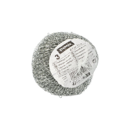 Οι Starpak 3 καθαριστές κατσαρολών (σύρμα Ø 7 cm · 2 cm, γρατζουνιστικό | δίχτυ, 3 τεμάχια) είναι στρογγυλά σφουγγάρια τριψίματος από μέταλλο με λευκή ετικέτα πληροφοριών, ιδανικά για σχολαστικό καθαρισμό και τρίψιμο διάφορων επιφανειών.
