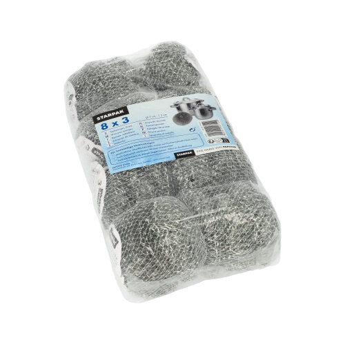 Μια διάφανη συσκευασία τυλιγμένη σε πλαστικό με τρεις καθαριστές κατσαρολών Starpak (σύρμα Ø 7 cm, 2 cm, γρατζουνιστικό) με την επιγραφή «Starpak». Η μπλε-λευκή ετικέτα διαφημίζει αποτελεσματική λύση καθαρισμού για κατσαρόλες και τηγάνια σε πολλές γλώσσες.