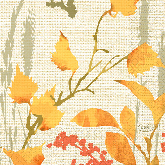 Ein strukturierter Hintergrund mit gelben und orangefarbenen Herbstblättern, Weizenhalmen und roten Beeren erzeugt einen gewebten Effekt - ideal für Duni GmbH Servietten 24x24 3-lagig 1/4 Fall Beauty | Packung (50 Stück).