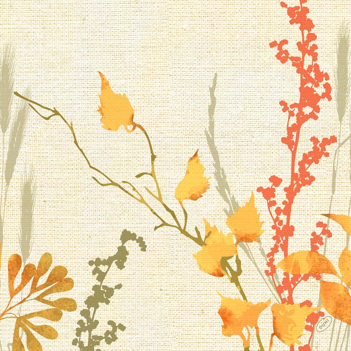Οι χαρτοπετσέτες 40x40 4-στρώσεων Klassik Fall Beauty από την Duni GmbH παρουσιάζουν ένα ακουαρέλ βοτανικό σχέδιο με κίτρινα, κόκκινα και πράσινα φύλλα σε ένα δομημένο μπεζ φόντο για μια κομψή εμφάνιση. Κάθε συσκευασία περιέχει 50 υψηλής ποιότητας χαρτοπετσέτες.