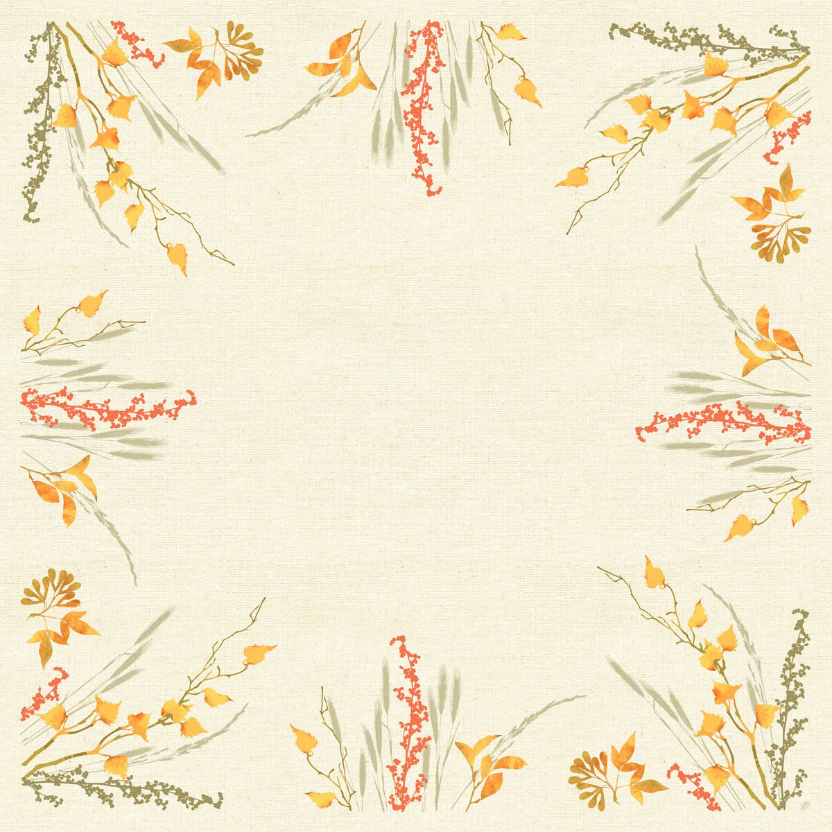 Η Dunicel-Mitteldecke 84x84cm Fall Beauty από την Duni GmbH είναι ένα τετράγωνο μπεζ τραπεζομάντηλο με κίτρινα-πορτοκαλί φύλλα, κόκκινα μούρα και πράσινο-γκρι γρασίδι σε στυλ ακουαρέλας στις άκρες και γωνίες· το κέντρο παραμένει ελεύθερο.