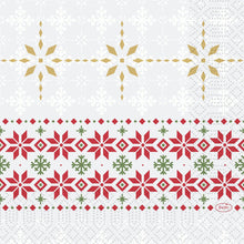 Χαρτοπετσέτες με σχέδια 33x33 3 στρώσεις 1/4 Tradition από την Duni GmbH: χρυσές, κόκκινες και πράσινες γεωμετρικές νιφάδες χιονιού και μοτίβα σε λευκό με φωτεινές λεπτομέρειες νιφάδων χιονιού. Συσκευασία με 250 τεμάχια.