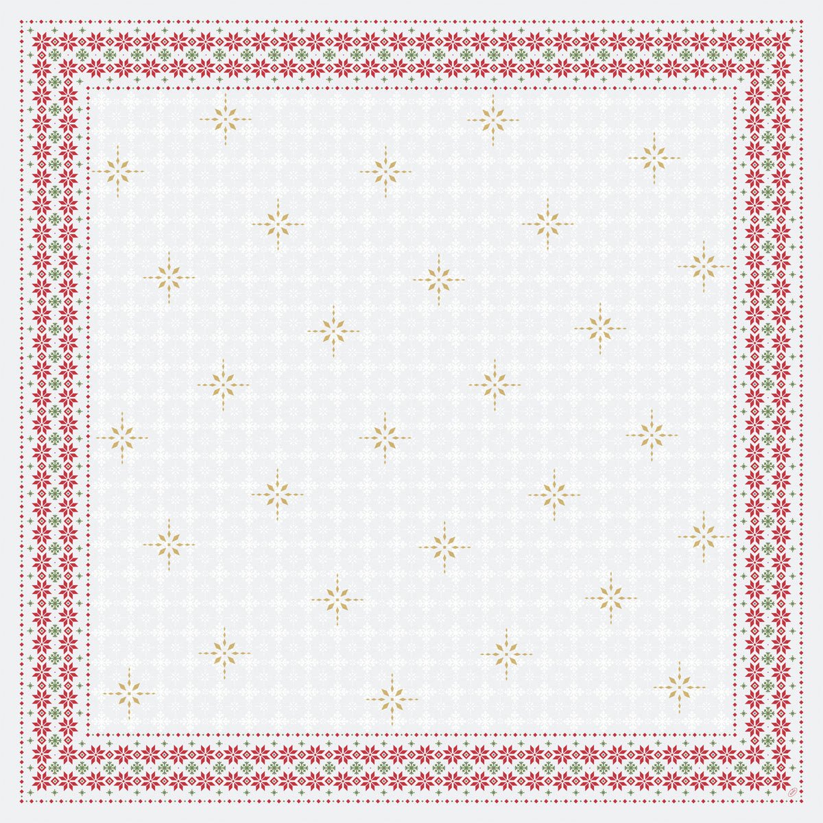 Το Dunicel-Mitteldecke 84x84cm Tradition της Duni GmbH έχει ένα λευκό υπόβαθρο με επαναλαμβανόμενα χρυσά αστέρια και περιθώρια από κόκκινα-πράσινα ανθικά και γεωμετρικά μοτίβα και είναι επομένως ιδανικό ως εορταστική διακόσμηση τραπεζιού. Συσκευασμένο σε 1 κουτί.