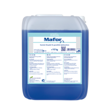 Ein 10 kg durchsichtiger Kunststoffbehälter von Dr. Schnell MAFOR N 1 Klarspüler für Geschirrspülmaschinen von DR.SCHNELL GmbH & Co. KGaA, gefüllt mit blauer Flüssigkeit; Frontetikett in deutscher Sprache mit der Angabe streifenfreier Glanz in gewerblichen Spülmaschinen.