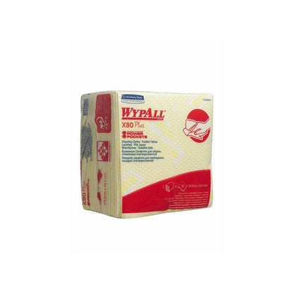 Η WypAll® X80 Plus Critical Clean Interfold (Κίτρινο, 8 σακούλες x 30 μαντηλάκια) της Kimberly-Clark GmbH έχει κίτρινη συσκευασία με εικόνες και πληροφορίες στην μπροστινή πλευρά - ιδανική για κρίσιμες περιοχές.