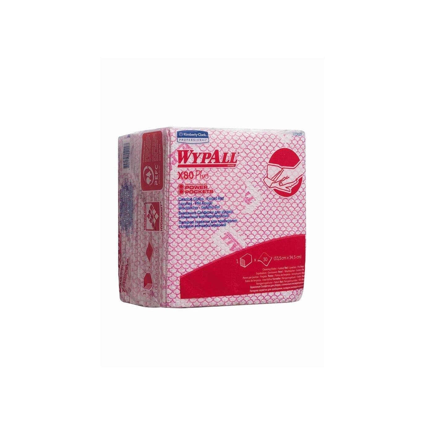 Μια κόκκινη συσκευασία Kimberly-Clark GmbH WypAll® X80 Plus Critical Clean, πανιά διπλωμένα σε τέταρτα (8 σακούλες x 30 φύλλα), για κρίσιμες εργασίες καθαρισμού, με ορατό branding προϊόντος και περιγραφή στο μπροστινό και πίσω μέρος.