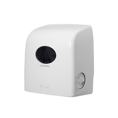 Ο διανομέας ρολού χαρτοπετσετών Aquarius™ Slimroll™ της Kimberly-Clark GmbH είναι ένας λευκός επιτοίχιος διανομέας με ένα μαύρο οβάλ παράθυρο για την ορατότητα της στάθμης του χαρτιού, έναν πλευρικό περιστροφικό διακόπτη για χειροκίνητη λειτουργία και σαφείς οδηγίες χρήσης που εξασφαλίζουν υγιεινή λειτουργία.