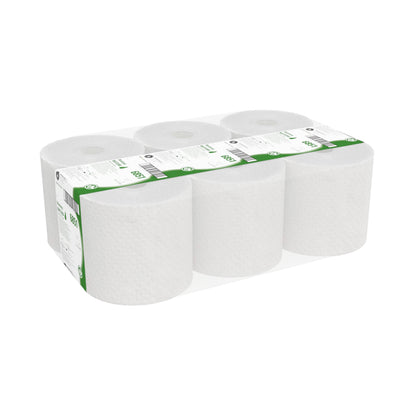 Ein Karton mit 6 Rollen Hostess™ NATURA Rollenhandtücher von Kimberly-Clark GmbH, jeweils in Naturpapier mit einem grün-weißen Etikett verpackt - perfekt für alle, die nachhaltige Handtücher aus hochwertigen Materialien suchen.