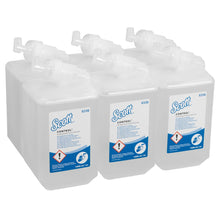 Sechs transparente 1L "Scott® Control™" antibakterielle Handreinigungskassetten von Kimberly-Clark GmbH, verpackt als 6 Einheiten pro Karton, bieten eine hygienische Handreinigung mit einfach zu handhabenden Kartuschen für effektive Hygiene.