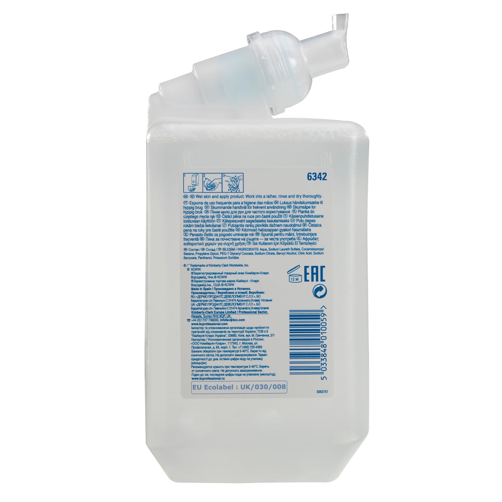 Ο Scott® Control™ αφρός καθαριστικού χεριών από την Kimberly-Clark GmbH (κασέτα 1L, διαφανής) δείχνει λευκή/μπλε ετικέτα με οδηγίες, εικονίδια, γραμμωτό κώδικα και πιστοποιήσεις. Ιδανικό για συχνή χρήση; με καπάκι ακροφυσίου και λειτουργία στήριξης. 6 κασέτες/κουτί.