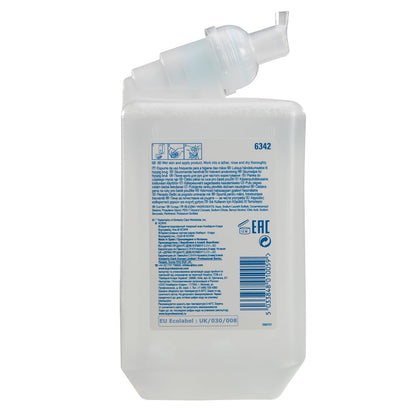 Ο Scott® Control™ αφρός καθαριστικού χεριών από την Kimberly-Clark GmbH (κασέτα 1L, διαφανής) δείχνει λευκή/μπλε ετικέτα με οδηγίες, εικονίδια, γραμμωτό κώδικα και πιστοποιήσεις. Ιδανικό για συχνή χρήση; με καπάκι ακροφυσίου και λειτουργία στήριξης. 6 κασέτες/κουτί.