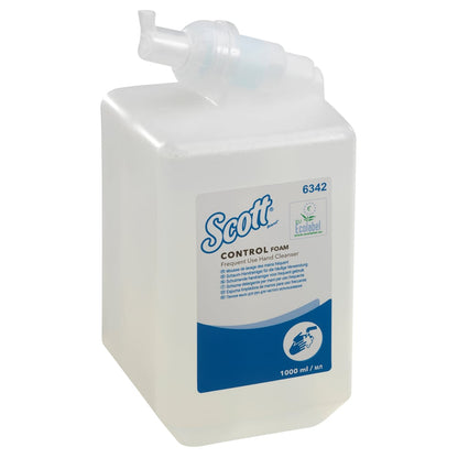Η κασέτα Scott® Control™ αφρού καθαριστικού χεριών 1 λίτρου από την Kimberly-Clark GmbH είναι για συχνή χρήση, έρχεται σε διαφανή δοσομετρητή με μπλε-λευκή ετικέτα και οικολογική ετικέτα· το κουτί περιέχει 6 κασέτες.